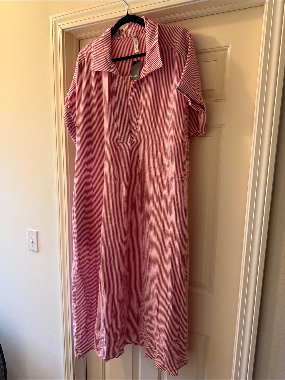 Torrid Red and White Cotton Linen Striped Maxi Shirt Dress